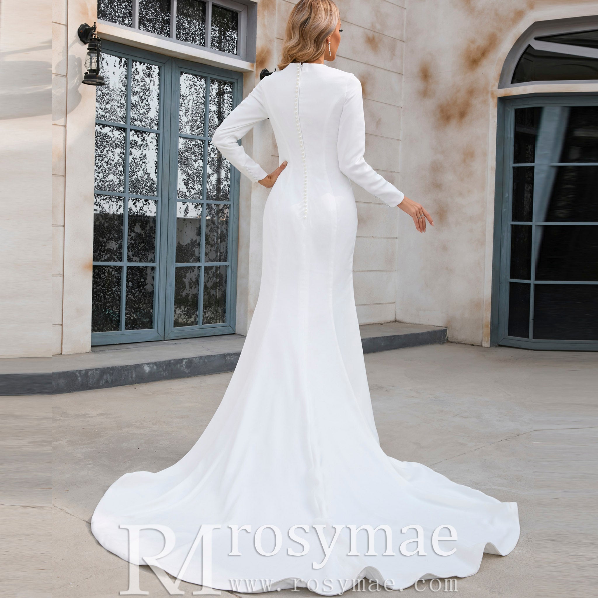 Mermaid Satin Wedding Dress with V Neck and Long Sleeves Champagne / 14 Mermaid Satin Wedding Dress with V Neck and Long Sleeves Champagne / 14