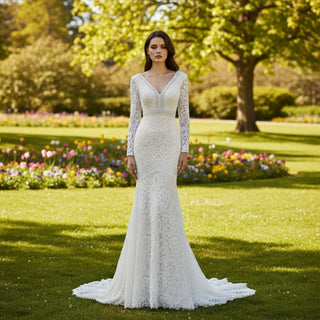 Long Sleeve Mermaid Wedding Dresses with Vintage Lace - Rosymae