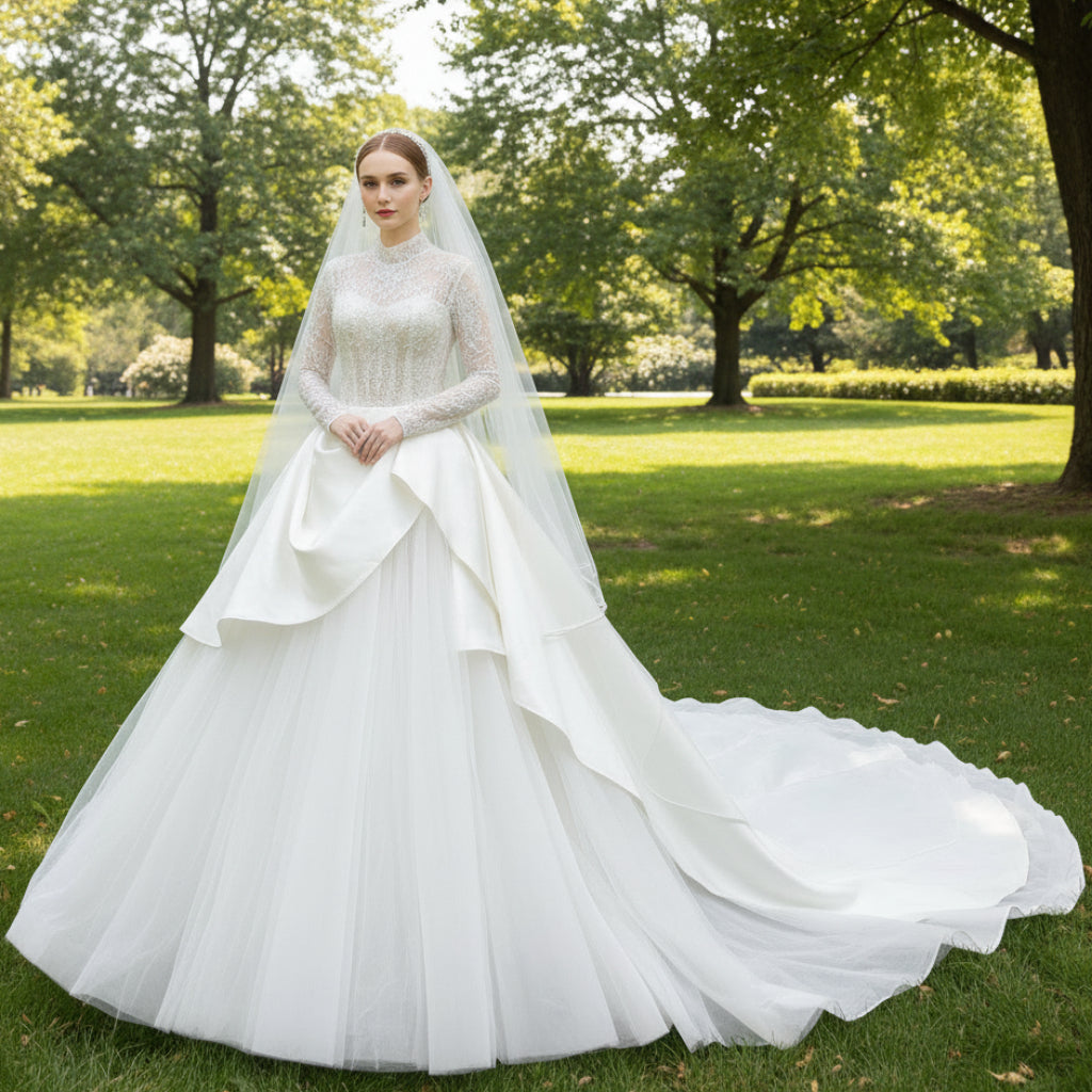Sheer Long Sleeve O-neck TurtleNeck Muslim Wedding Dresses Ivory / Custom Size Sheer Long Sleeve O-neck TurtleNeck Muslim Wedding Dresses Ivory / Custom Size