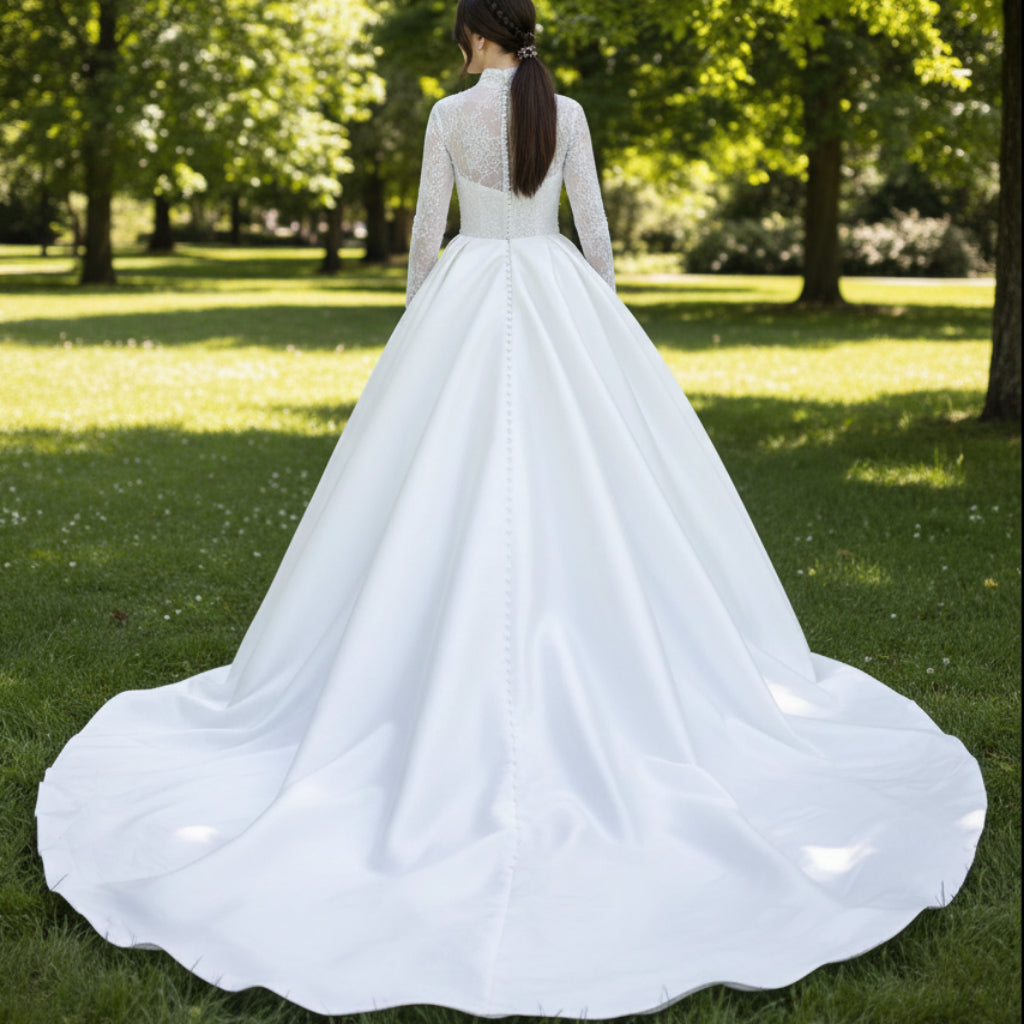 Sheer Long Sleeve O-neck TurtleNeck Muslim Wedding Dresses White / Custom Size Sheer Long Sleeve O-neck TurtleNeck Muslim Wedding Dresses White / Custom Size