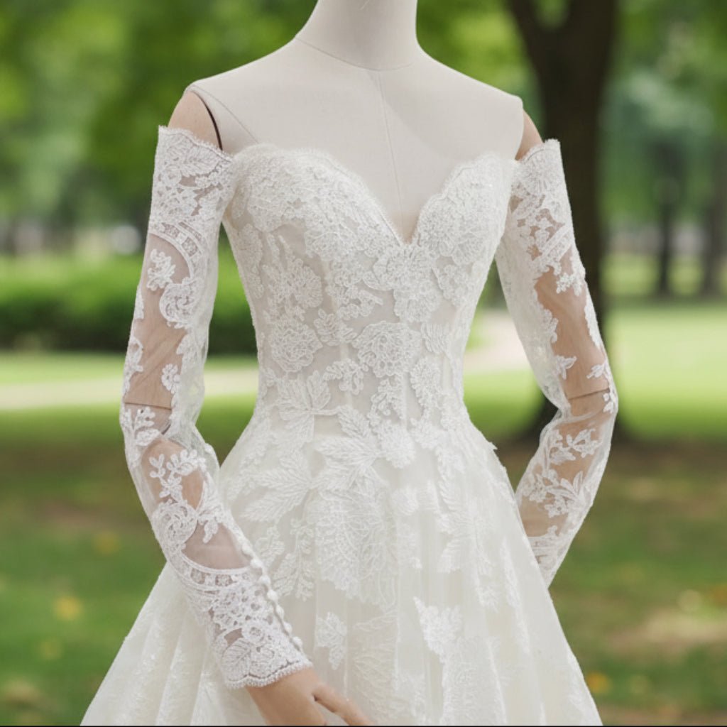 Long Sleeve Off Shoulder A-line Lace Bridal Gown Wedding Dress - Rosymae