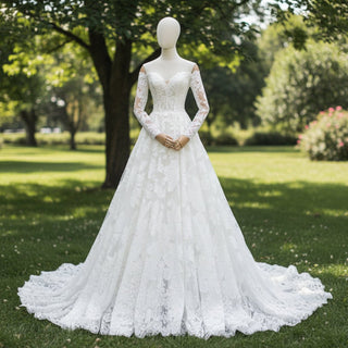 Long Sleeve Off Shoulder A-line Lace Bridal Gown Wedding Dress - Rosymae