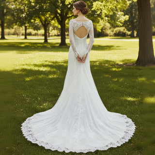 Long Sleeve Off Shoulder Keyhole Lace Wedding Dress Bridal Gown - Rosymae