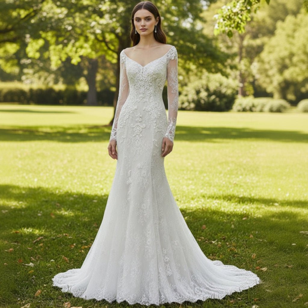 Long Sleeve Off Shoulder Keyhole Lace Wedding Dress Bridal Gown - Rosymae