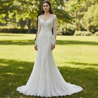 Long Sleeve Off Shoulder Keyhole Lace Wedding Dress Bridal Gown - Rosymae