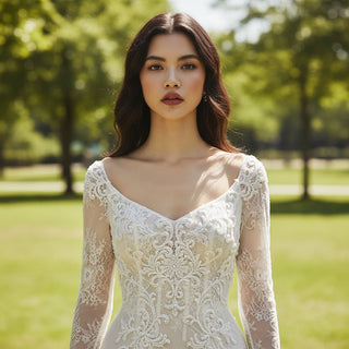 Long Sleeve Off Shoulder Keyhole Lace Wedding Dress Bridal Gown - Rosymae