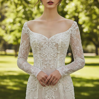 Long Sleeve Off Shoulder Keyhole Lace Wedding Dress Bridal Gown - Rosymae