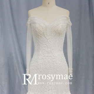 Long Sleeve Off the Shoulder Trumpet Wedding Dress Beaded Pearls - Rosymae