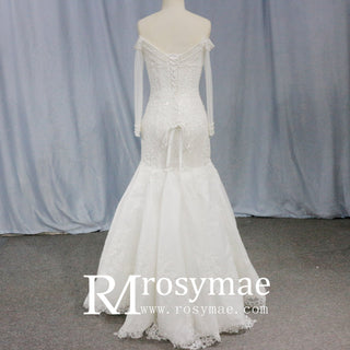 Long Sleeve Off the Shoulder Trumpet Wedding Dress Beaded Pearls - Rosymae