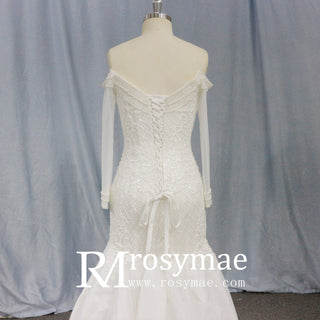 Long Sleeve Off the Shoulder Trumpet Wedding Dress Beaded Pearls - Rosymae