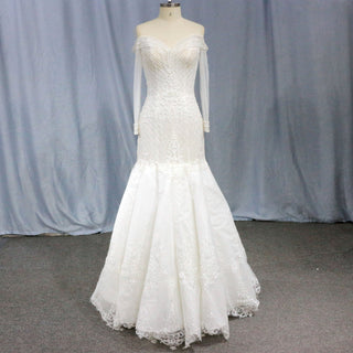 Long Sleeve Off the Shoulder Trumpet Wedding Dress Beaded Pearls - Rosymae