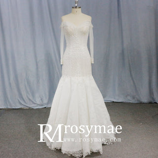 Long Sleeve Off the Shoulder Trumpet Wedding Dress Beaded Pearls - Rosymae