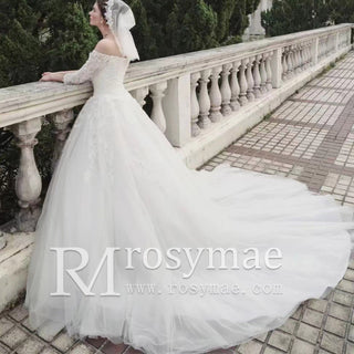 3/4 Sleeve A-Line Tulle Wedding Dresses with Straight Neckline