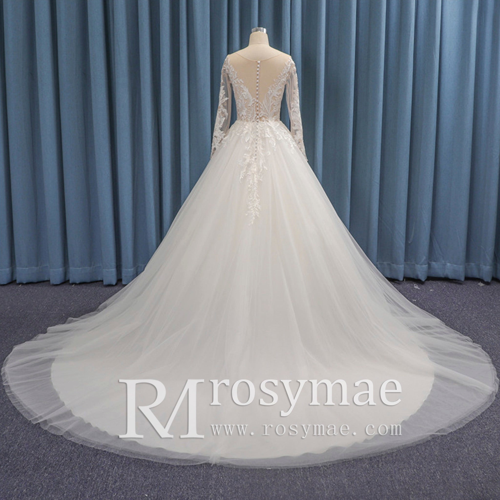 Ivory A-line Long Sleeve Tulle Wedding Dress Sheer Bodice Rosymae Ivory A-line Long Sleeve Tulle Wedding Dress Sheer Bodice Rosymae
