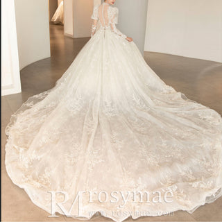 Sheer O-neck Puffy Lantern Long Sleeve Lace Wedding Dresses