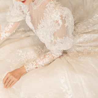 Sheer O-neck Puffy Lantern Long Sleeve Lace Wedding Dresses
