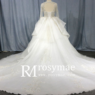 Long Sleeve Queen-ann Neckline Wedding Dresses with Keyhole - Rosymae