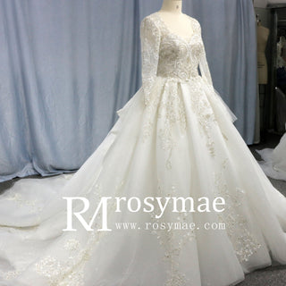 Long Sleeve Queen-ann Neckline Wedding Dresses with Keyhole - Rosymae