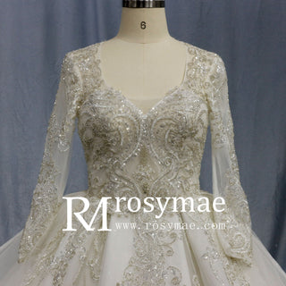 Long Sleeve Queen-ann Neckline Wedding Dresses with Keyhole - Rosymae
