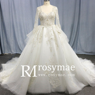 Long Sleeve Queen-ann Neckline Wedding Dresses with Keyhole - Rosymae
