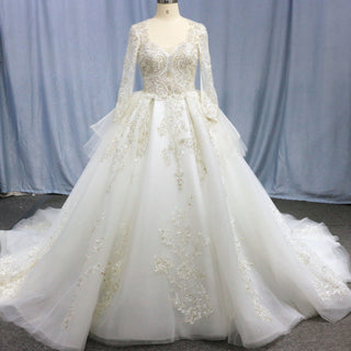 Long Sleeve Queen-ann Neckline Wedding Dresses with Keyhole - Rosymae