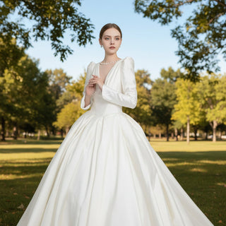 Long Sleeve Satin Wedding Dresses with Deep V Neckline - Rosymae