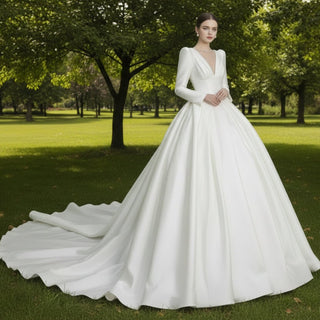 Long Sleeve Satin Wedding Dresses with Deep V Neckline - Rosymae