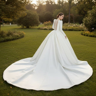 Long Sleeve Satin Wedding Dresses with Deep V Neckline - Rosymae