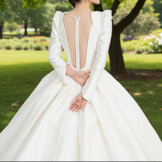 Long Sleeve Satin Wedding Dresses with Deep V Neckline - Rosymae