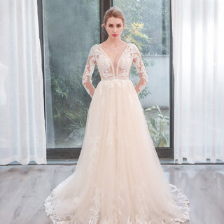 Long Sleeve See Through Tulle A-Line Wedding Dresses - Rosymae
