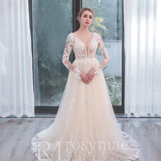 Long Sleeve See Through Tulle A-Line Wedding Dresses - Rosymae