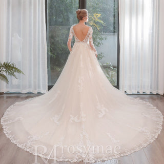 Long Sleeve See Through Tulle A-Line Wedding Dresses - Rosymae