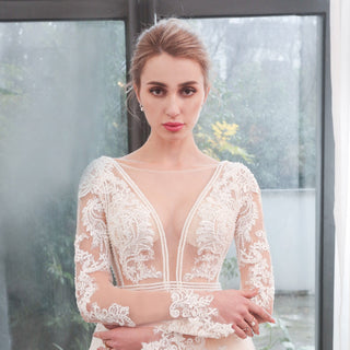 Long Sleeve See Through Tulle A-Line Wedding Dresses - Rosymae