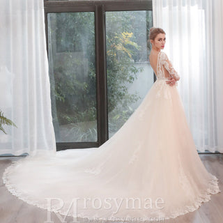 Long Sleeve See Through Tulle A-Line Wedding Dresses - Rosymae