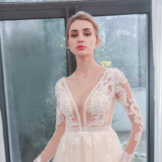 Long Sleeve See Through Tulle A-Line Wedding Dresses - Rosymae