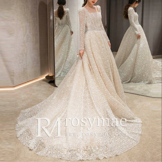 Square Neck Sequin Wedding Dress Ball Gown with Long Sleeves