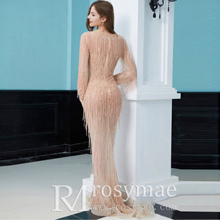 Blush Pink Long Sleeve Sheer Floor Length Prom Dress Evening Gown