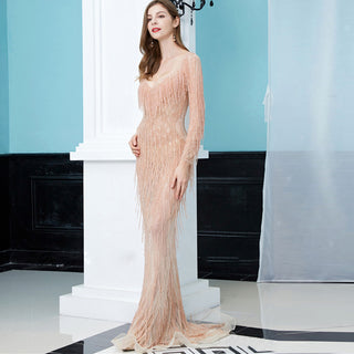 Blush Pink Long Sleeve Sheer Floor Length Prom Dress Evening Gown
