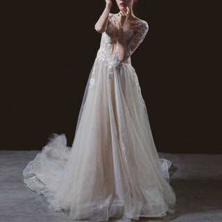 Floral Lace Long Sleeve Sheath Wedding Dress Bridal Gown