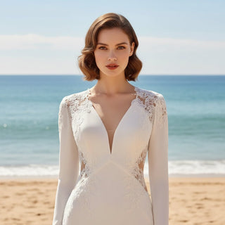 Long Sleeve Sheer High Back Fit Flare Wedding Dress Bridal Gown - Rosymae