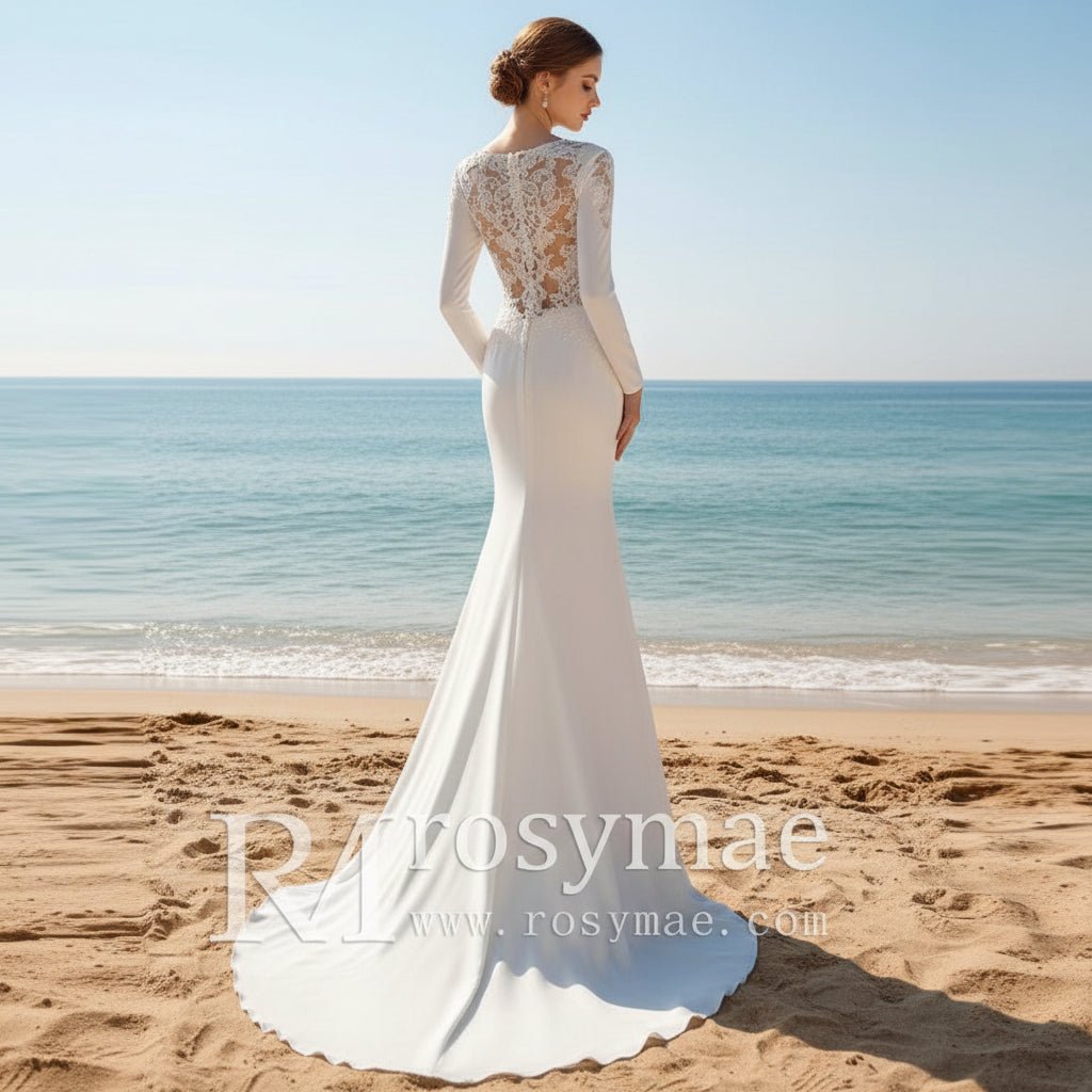 Long Sleeve Sheer High Back Fit Flare Wedding Dress Bridal Gown - Rosymae