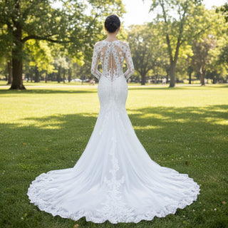 Long Sleeve Sheer Lace Wedding Dress Mermaid Bridal Gown - Rosymae