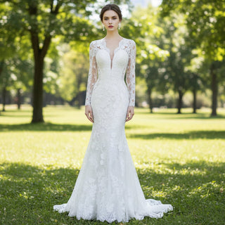 Long Sleeve Sheer Lace Wedding Dress Mermaid Bridal Gown - Rosymae