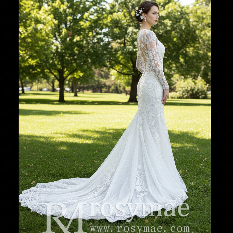 Long Sleeve Sheer Lace Wedding Dress Mermaid Bridal Gown - Rosymae