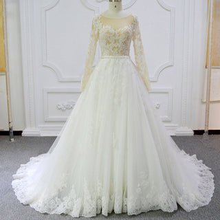 Sheer Boat Lace Tulle BallGown Bridal Wedding Dress Long Sleeve
