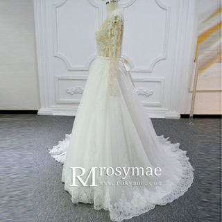 Sheer Boat Lace Tulle BallGown Bridal Wedding Dress Long Sleeve