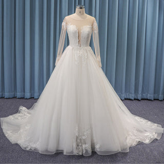 Sheer Neck and Back Tulle Lace BallGown Wedding Dress Long Sleeve