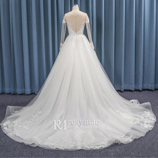Sheer Neck and Back Tulle Lace BallGown Wedding Dress Long Sleeve