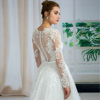 Sheer Bodice Floral Lace Tulle A-line Wedding Dress Long Sleeve