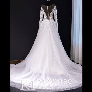 A-line Tulle Wedding Dress Bridal Gowns with Long Sheer Sleeves